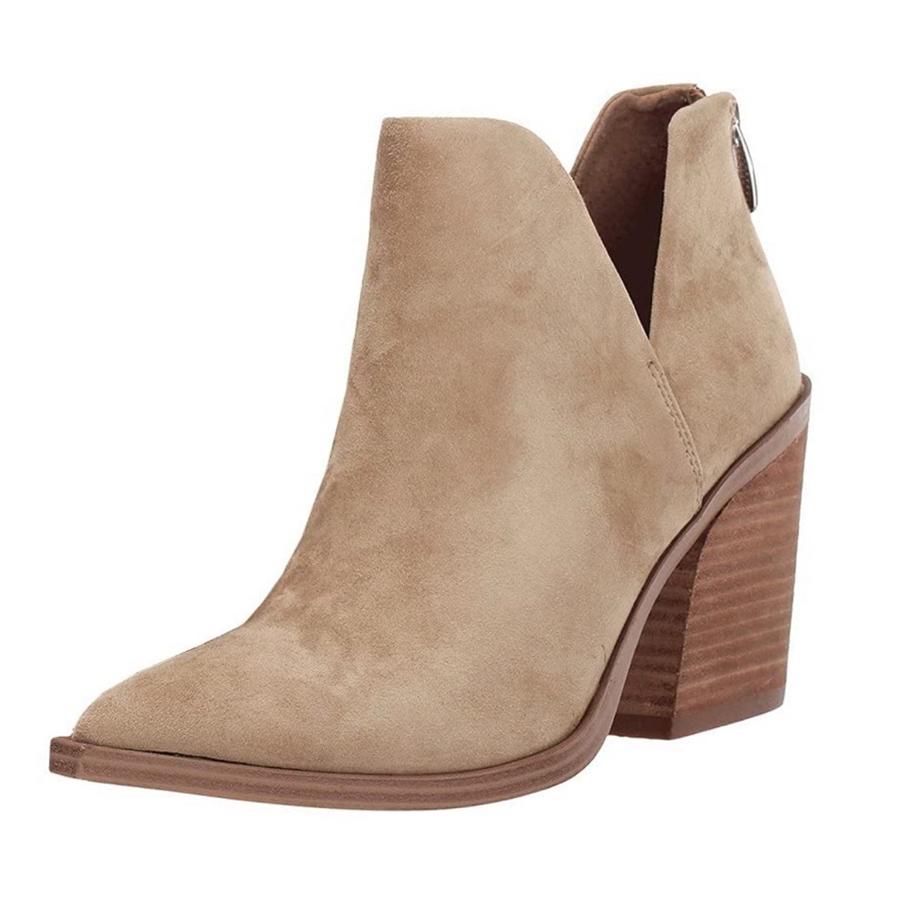 FISACE Womens Pointed Toe Stacked Mid Heel Ankle Boots V Cut Back Zipper Booties